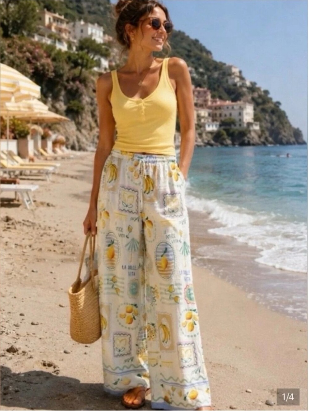 Label of Love Limone graphic print Linen Blend Palazzo Pants Size Medium NWT